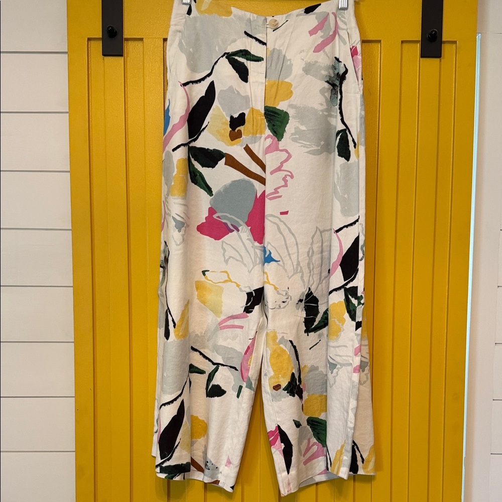 Wide Leg Floral Linen Blend Pants - Multicolor